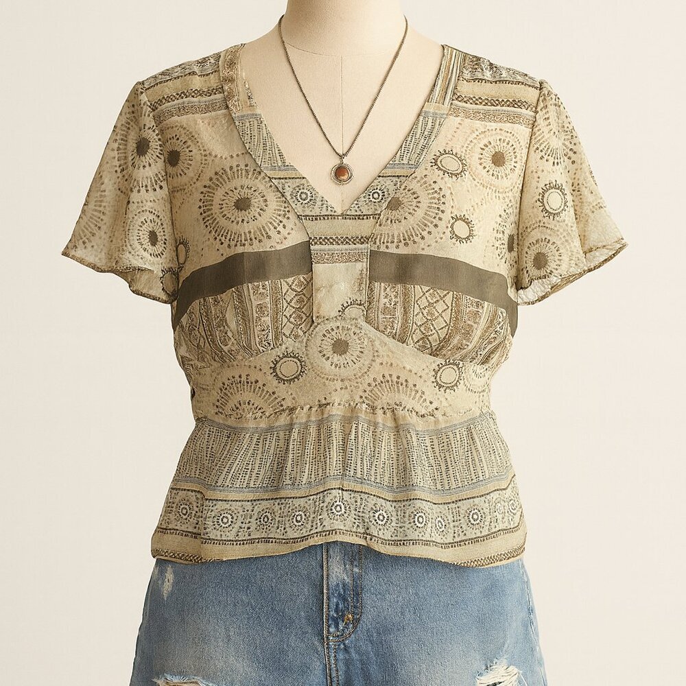 Vintage Faded Glory Sheer Green All Over Print Baby Doll Top Size 18/20 90s Y2k